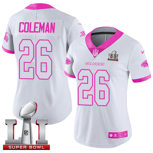 Nike Falcons #26 Tevin Coleman White/Pink Super Bowl LI 51 Women's Stitched NFL Limited Rush Fashion Jersey